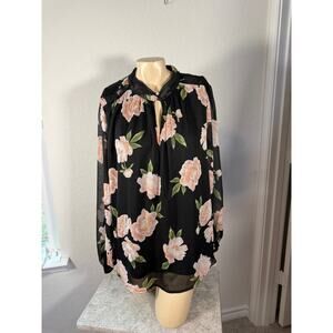NWOT Joie Black Floral Sheer Blouse Keyhole Back Long Sleeve 1X